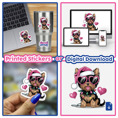 Sticker featuring a cartoon Yorkie dog adorned with a Santa hat and sunglasses, named Christmas Santa Pink Yorkie Dog in Lights, showcased on various items like a laptop and cup.