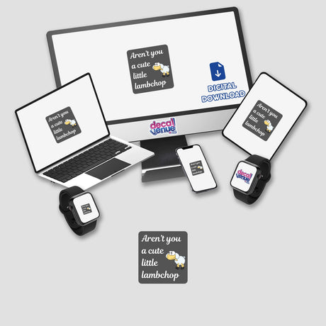 Cute little Lampchop depicted on a computer screen adorned with stickers, alongside a laptop and smartwatch, emphasizing Decal Venue's unique sticker and digital art offerings.