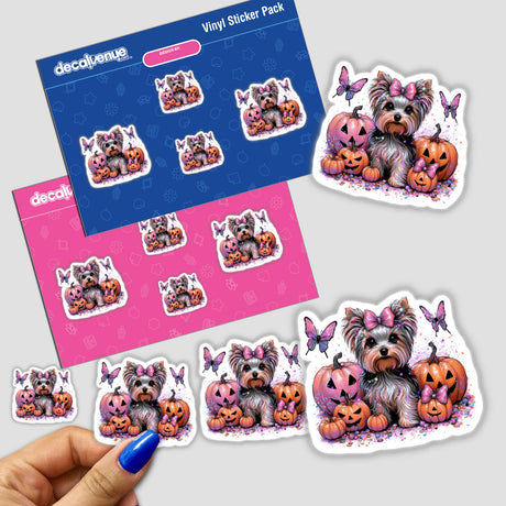 Stickers featuring Pinky Pastel Halloween Yorkie Dog with pumpkins and butterflies, highlighting unique designs from Decal Venue.