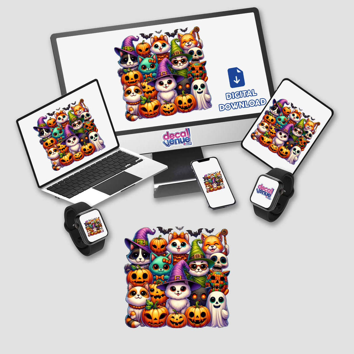 Halloween Clan Portrait featuring cartoon cats and pumpkins displayed on a computer monitor and laptop, available as stickers or digital artwork.
