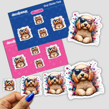 Party in the USA Goldendoodle Dog depicted wearing sunglasses, styled as a playful cartoon teddy bear. Available as stickers or digital artwork from Decal Venue, known for unique vinyl stickers and digital art.