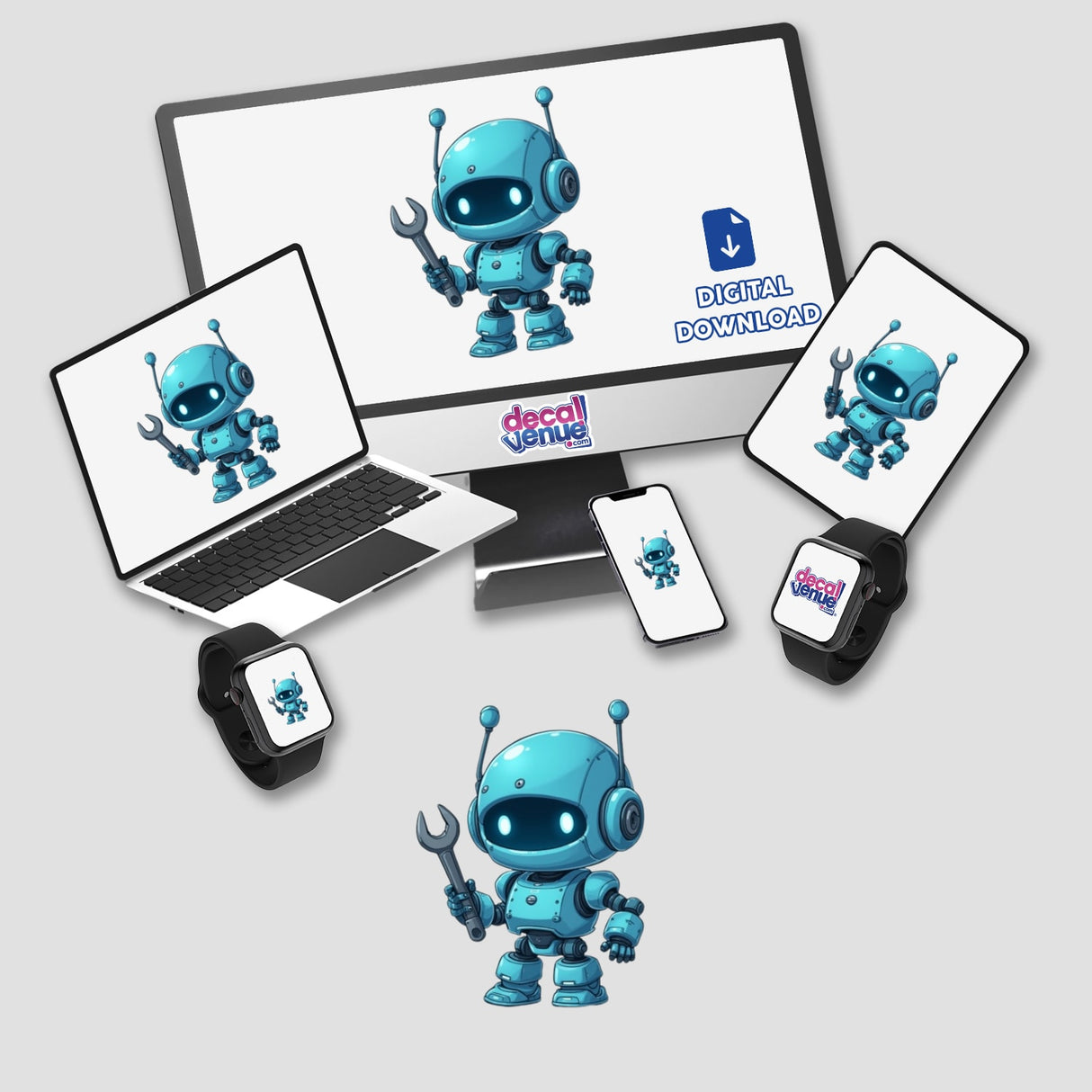 Chibi Robot Helper Sticker featuring a cute cartoon robot mechanic with a wrench, available as a sticker or digital artwork. Perfect for adding a playful touch to your devices.