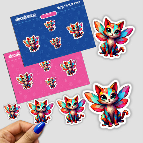 A Cute Geometric Fairy Cat sticker, featuring a whimsical cat with wings. Shown among various stickers, highlighting its unique charm. Available as a sticker or digital artwork from Decal Venue.