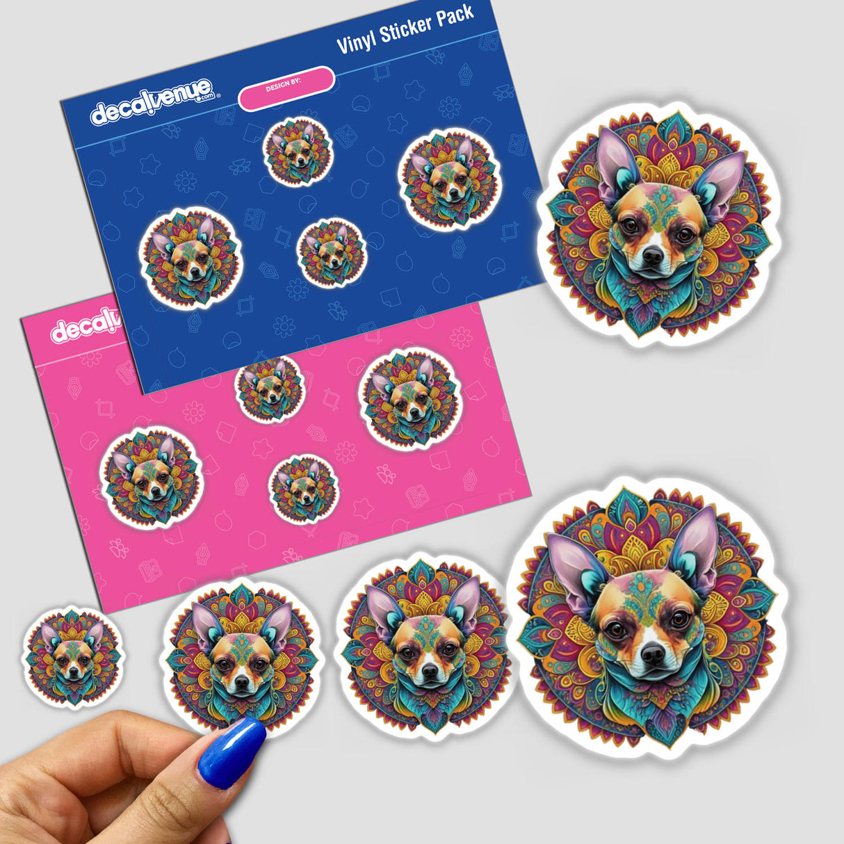 Colorful Chihuahua Mandala Clipart | Boho Style Chihuahua stickers featuring vibrant dog designs. Available as stickers or digital artwork for commercial use.