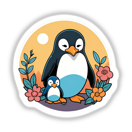 Cute penguin family surrounded by colorful floral elements and a bright sun in the background