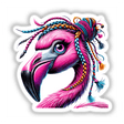 Flamingo with Braided Yarn Hair Bun: A whimsical illustration featuring a pink flamingo with colorful braided hair, offered as vinyl stickers and digital art, perfect for unique decor.