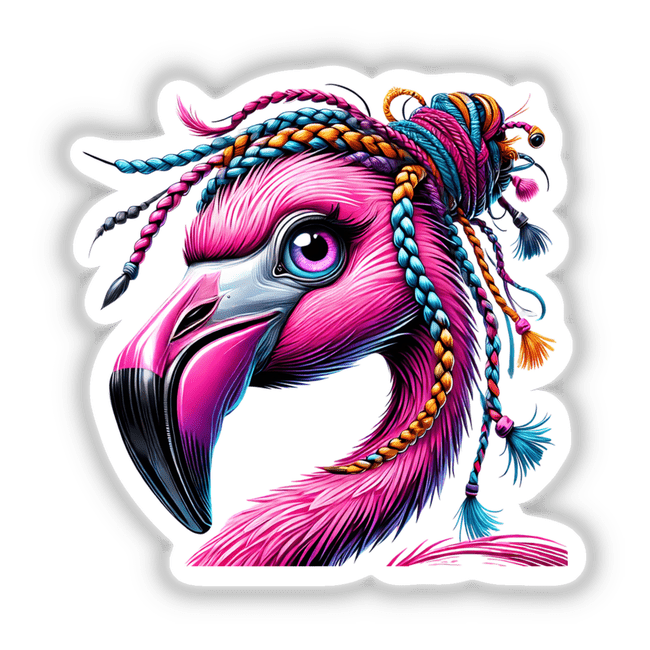 Flamingo with Braided Yarn Hair Bun: A whimsical illustration featuring a pink flamingo with colorful braided hair, offered as vinyl stickers and digital art, perfect for unique decor.