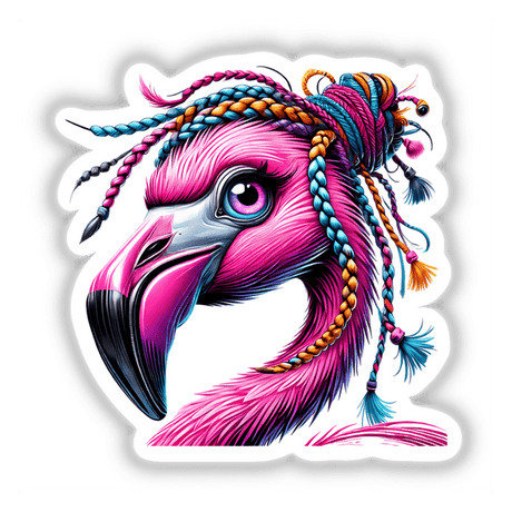 Flamingo with Braided Yarn Hair Bun: A whimsical illustration featuring a pink flamingo with colorful braided hair, offered as vinyl stickers and digital art, perfect for unique decor.