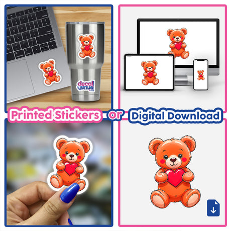 Collage showcasing Cute Valentine's Day Teddy Bear stickers on a laptop, with cartoon bears holding hearts, highlighting Decal Venue's unique sticker and digital artwork offerings.