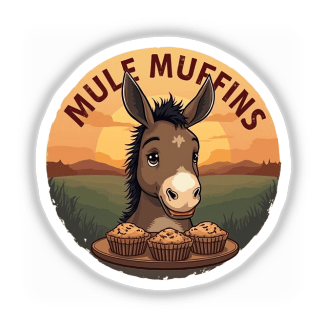 Adorable Mule Muffins Clipart - Stickers or Commercial Use Download featuring a cartoon donkey with muffins on a plate. Available as unique stickers or digital artwork from Decal Venue.