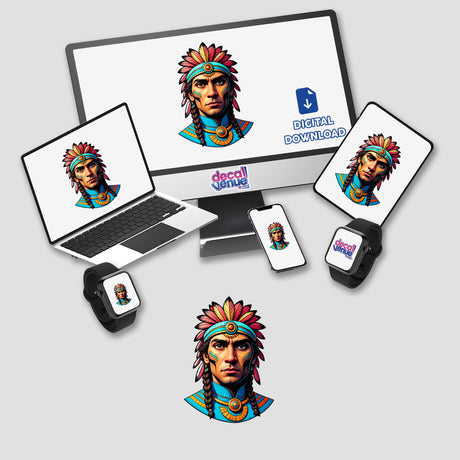 Native American Warrior Chief illustration displayed on a laptop and monitor, suitable for stickers or digital artwork.