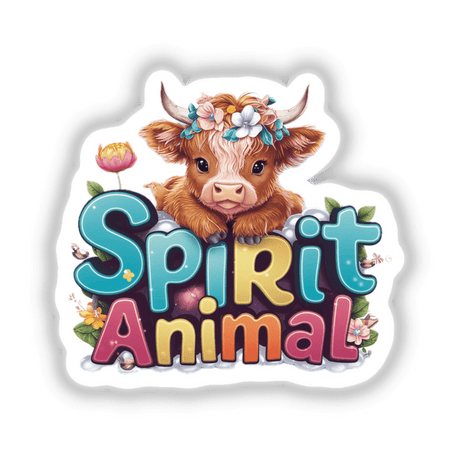 Cute highland cow with floral crown, surrounded by flowers and the text "Spirit Animal"