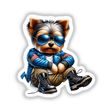 Dog wearing aviator sunglasses and jacket, titled Patriotic Leather Yorkie Aviator Sunglasses, available as stickers or digital artwork from Decal Venue.
