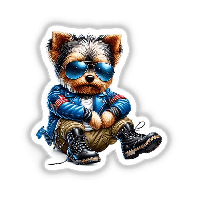 Dog wearing aviator sunglasses and jacket, titled Patriotic Leather Yorkie Aviator Sunglasses, available as stickers or digital artwork from Decal Venue.