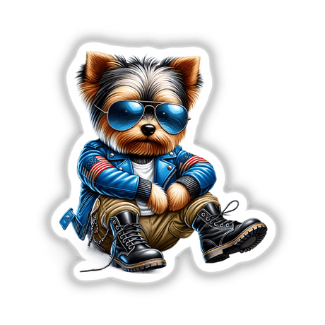 Dog wearing aviator sunglasses and jacket, titled Patriotic Leather Yorkie Aviator Sunglasses, available as stickers or digital artwork from Decal Venue.