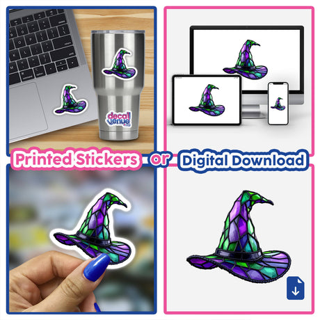 Witch Hat Stained Glass Style sticker displayed on a laptop, showcasing a vibrant, artistic design. Available as stickers or digital artwork, highlighting Decal Venue's unique offerings.