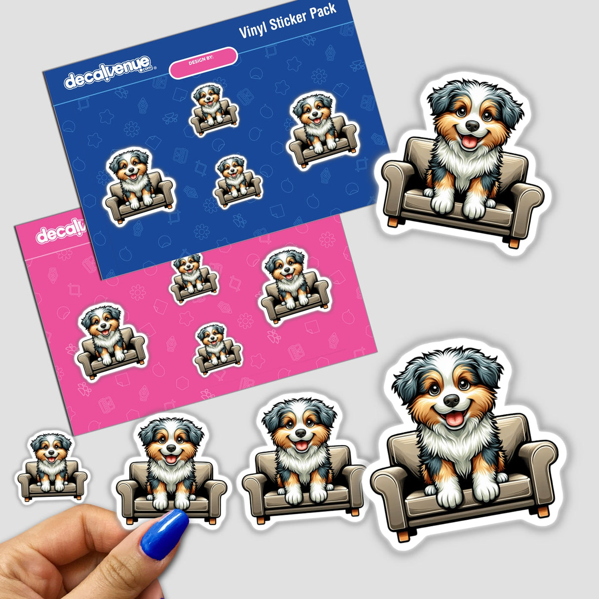 Adorable Australian Shepherd puppy stickers on display in a Vinyl Sticker Pack, featuring the cute canine in various poses on cushioned chairs.