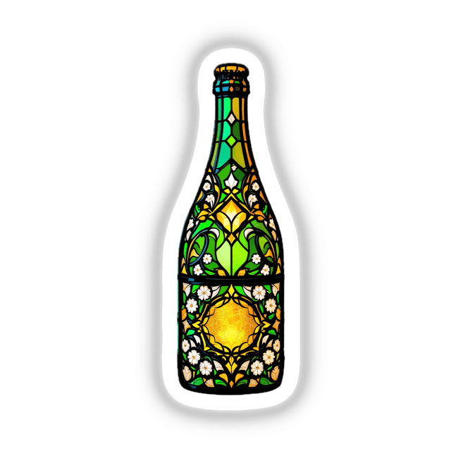 Champagne Bottle Stained Glass Style featuring intricate floral designs, available as stickers or digital artwork, showcasing Decal Venue's unique art offerings.