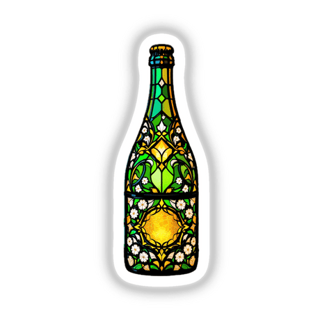 Champagne Bottle Stained Glass Style featuring intricate floral designs, available as stickers or digital artwork, showcasing Decal Venue's unique art offerings.