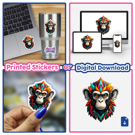 Collage featuring A Cool Monkey King sticker, showcasing a cartoon monkey with colorful feathers, applied to a laptop and cup, highlighting its versatile use as a sticker or digital artwork.