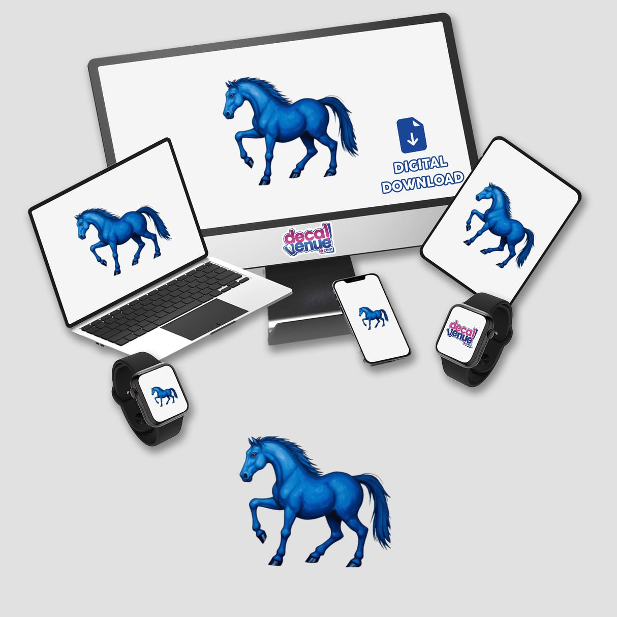 Vibrant Blue Horse Clipart - Stickers or Commercial Use Download featuring a laptop and computer monitor displaying blue horses, ideal for unique stickers or digital artwork from Decal Venue.