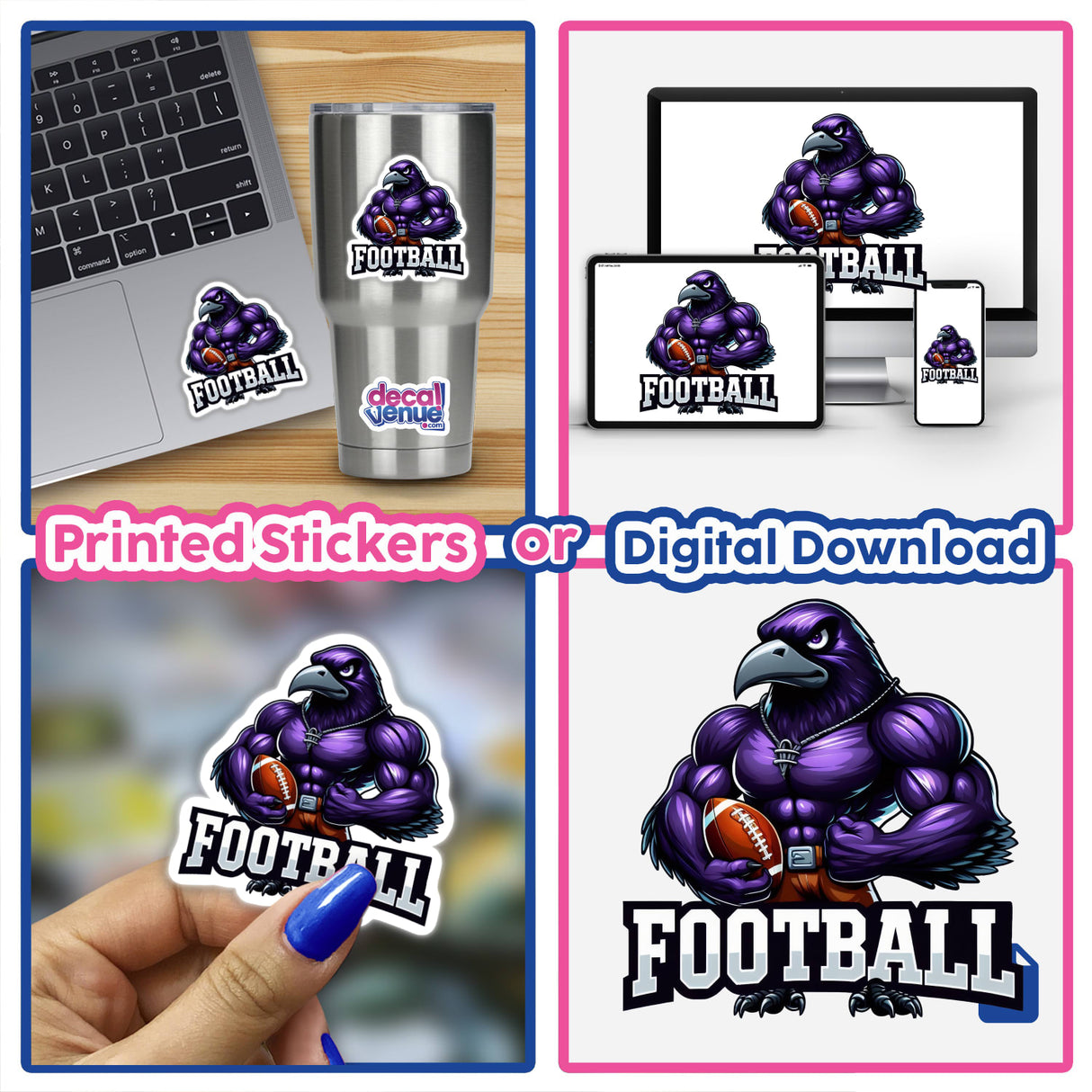 Muscular Raven Bird Holding Football II: A collage featuring a cartoon of a strong purple raven clutching a football, available as stickers or digital artwork.