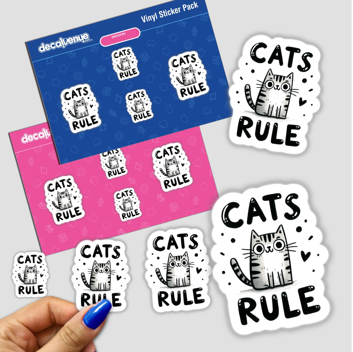 Cats Rule stickers featuring various cat illustrations, including black and white cats and playful text, available as both physical stickers and digital artwork.