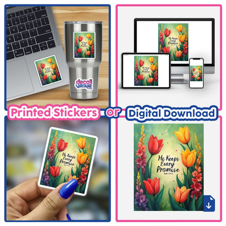 Fauvist Spring Gladiolus “He Keeps Every Promise” Psalm 145:13 Sticker or Clipart, featuring vibrant floral designs on tech devices, emphasizing unique digital art and sticker versatility.