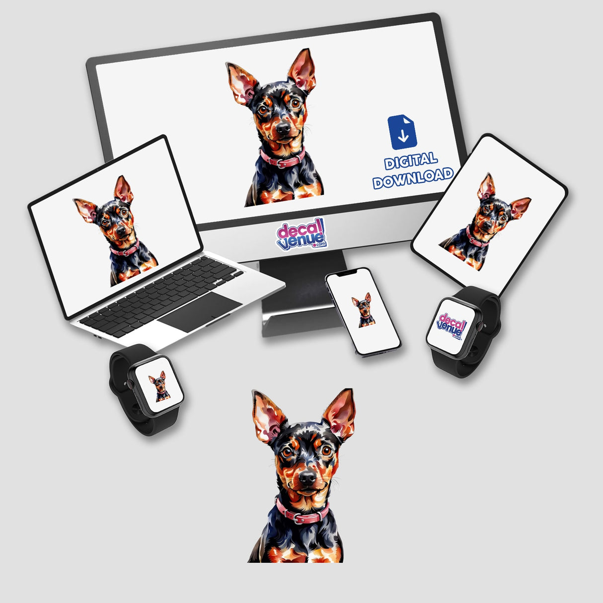 Miniature Pinscher Dog Watercolor Clipart & Stickers – Commercial Rights, featuring a laptop and monitor displaying a dog illustration.