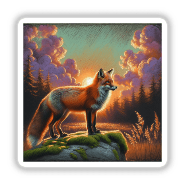 Fox on a Mossy Rock at Sunset: A detailed depiction of a fox poised on a rock, available as stickers or digital artwork, capturing the serene essence of wildlife.