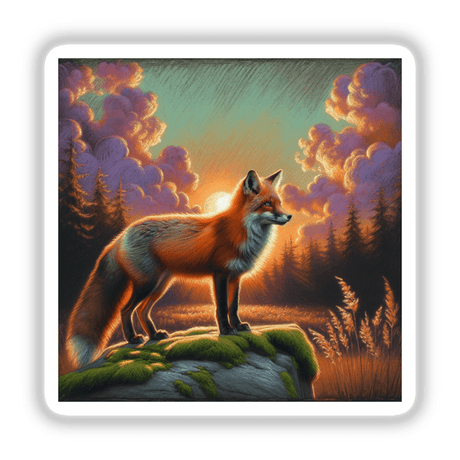 Fox on a Mossy Rock at Sunset: A detailed depiction of a fox poised on a rock, available as stickers or digital artwork, capturing the serene essence of wildlife.