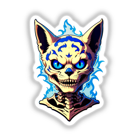 Cartoon illustration of A Cool Undead Cat Skeleton with blue eyes, available as stickers or digital artwork from Decal Venue, showcasing unique and creative designs.