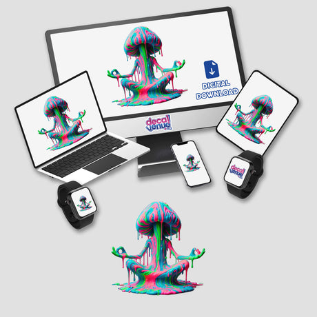 Psychedelic Zen Mushroom - Vibrant Dripping Meditation: A computer monitor and laptop display colorful jellyfish and mushroom art, showcasing unique stickers or digital artwork.