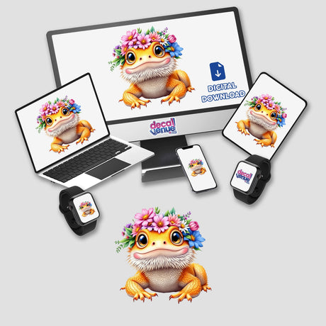 Playful Bearded Dragon with a Springtime Flower Crown digital artwork on a laptop, monitor, and smartwatch, showcasing a whimsical bearded dragon adorned with vibrant flowers, available at Decal Venue.