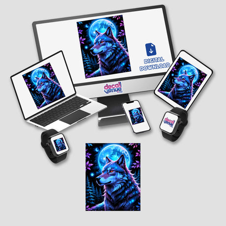 A Wolf In The Night With A Bright Moon displayed on various devices, showcasing its availability as stickers or digital artwork, featuring a wolf with a moonlit backdrop.