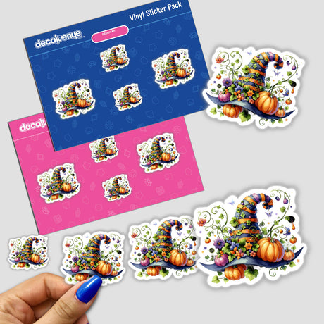 Halloween Hat with Pumpkins and Vines sticker pack featuring whimsical pumpkins and floral designs, perfect for adding festive flair to your collection. Available as stickers or digital artwork.