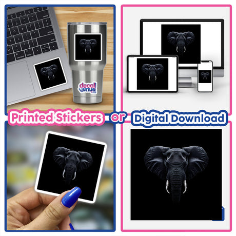 Cinematic Elephant Portrait on Black Background: a collage featuring close-ups of an elephant, including a hand holding a picture and a laptop displaying the artwork. Available as Stickers or Digital Artwork.