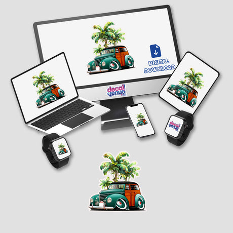 Green Woodie sticker featuring a cartoon car with wood paneling, seen on a laptop screen displaying a car image. Part of Decal Venue's unique vinyl stickers and digital art collection.