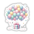 Colorful pastel balloons tied to a gift box, creating a festive and whimsical display.
