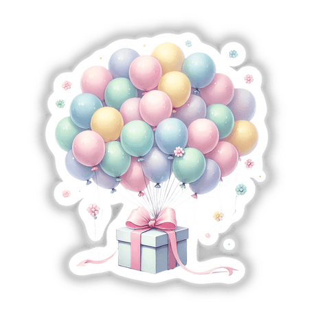 Colorful pastel balloons tied to a gift box, creating a festive and whimsical display.