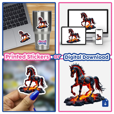 Molten Lava Horse digital artwork and sticker collage, featuring a horse with lava flowing from its body, showcased on a laptop and various accessories from Decal Venue.