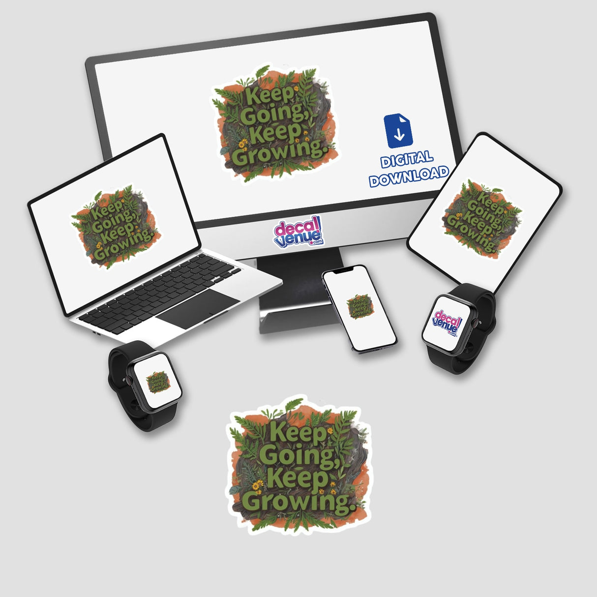 Keep Going, Keep Growing Positive Affirmation Sticker displayed on a laptop and computer monitor, alongside a smart watch, emphasizing mental health and available for commercial use.