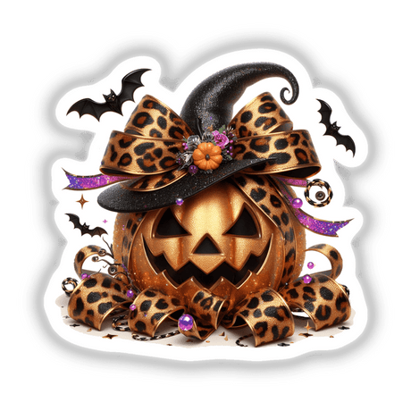 Festive Halloween pumpkin decorated with leopard print bow, bats, and glittery accents, placed on a white background.