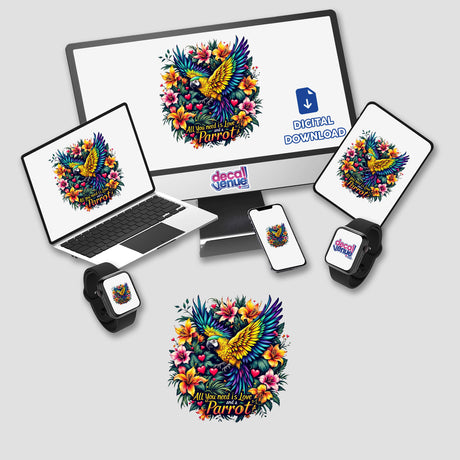 Love and a Parrot digital artwork displays a vibrant parrot among flowers on a computer monitor and laptop screen, available as stickers or digital art from Decal Venue.