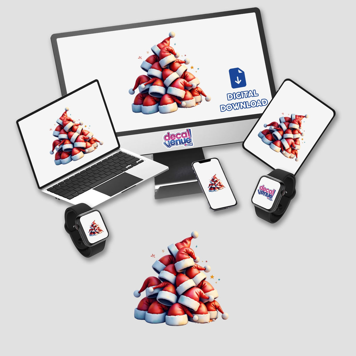 Christmas Santa Hats Pile displayed on a computer monitor and laptop screen, available as stickers or digital artwork, showcasing a playful holiday theme.