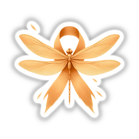 Golden dragonfly with a stylized ribbon tail, representing Dragonfly Peach Ribbon Uterine Cancer Awareness, features smooth metallic wings, capturing Decal Venue's essence of unique vinyl sticker artistry.