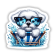 Peeking Summertime Maltese Dog in Beach Chair features a cartoon dog wearing sunglasses, reflecting palm trees, lounging in a beach chair. Available as stickers or digital artwork from Decal Venue.