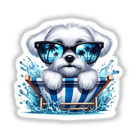 Peeking Summertime Maltese Dog in Beach Chair features a cartoon dog wearing sunglasses, reflecting palm trees, lounging in a beach chair. Available as stickers or digital artwork from Decal Venue.