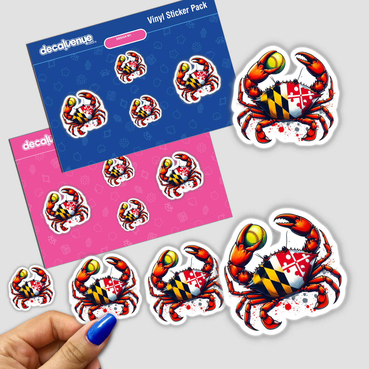 Maryland Crab Softball vinyl sticker pack from Decal Venue, featuring die-cut crabs with Maryland state-flag designs on blue and pink cards. A hand peels a sticker, showcasing unique artistry.