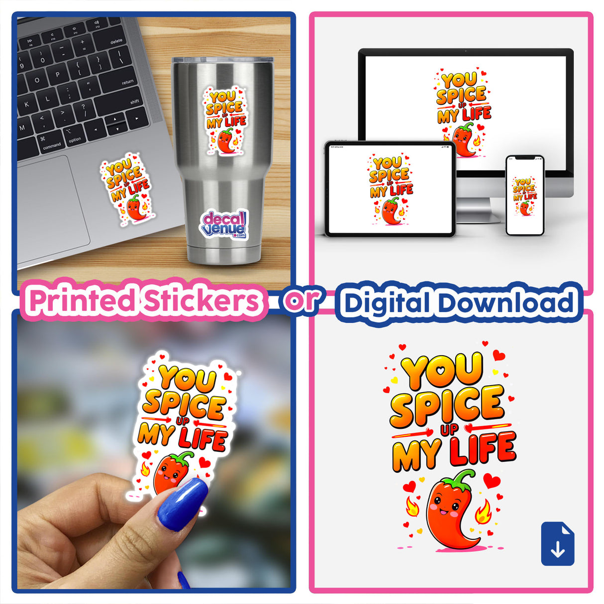 You Spice Up My Life Funny Love Quote sticker displayed on a laptop, featuring a cartoon chili pepper, available as a vinyl sticker or digital artwork.